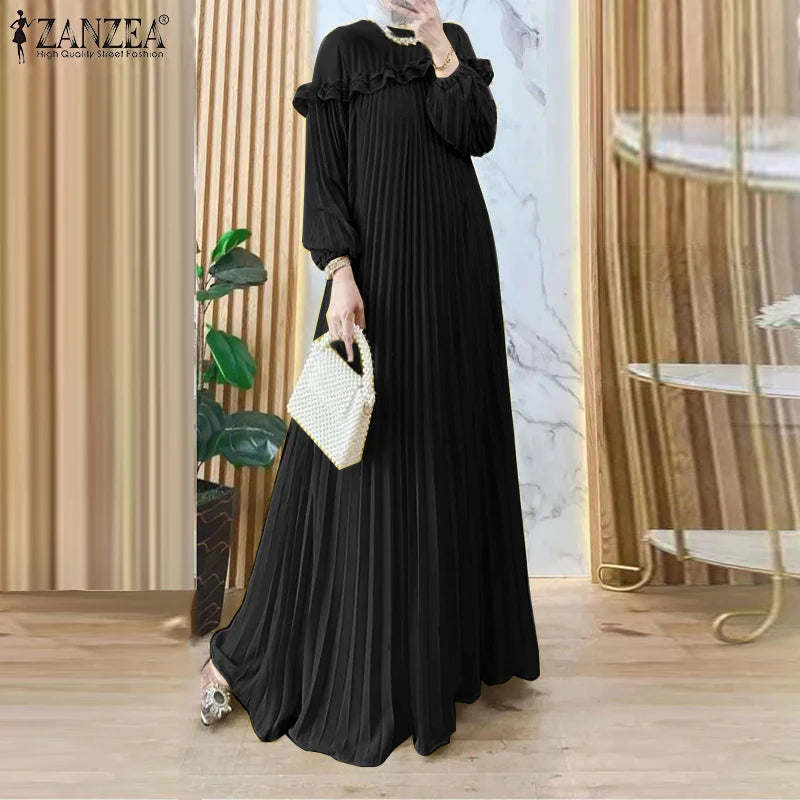 ZANZEA Elegant Hijab O Neck Maxi Dress Pleated Women Solid Muslim Islamic Abaya Robe Lantern Sleeve Casual Ruffles Vestidos