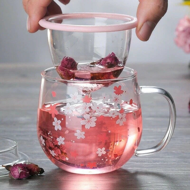 Sakura Mug Glass Mug With Tea Infuser Filter&Lid Cherry Blossoms Cup Set Blossoms Flower Teacup 300Ml Glasses Drinking Promotion
