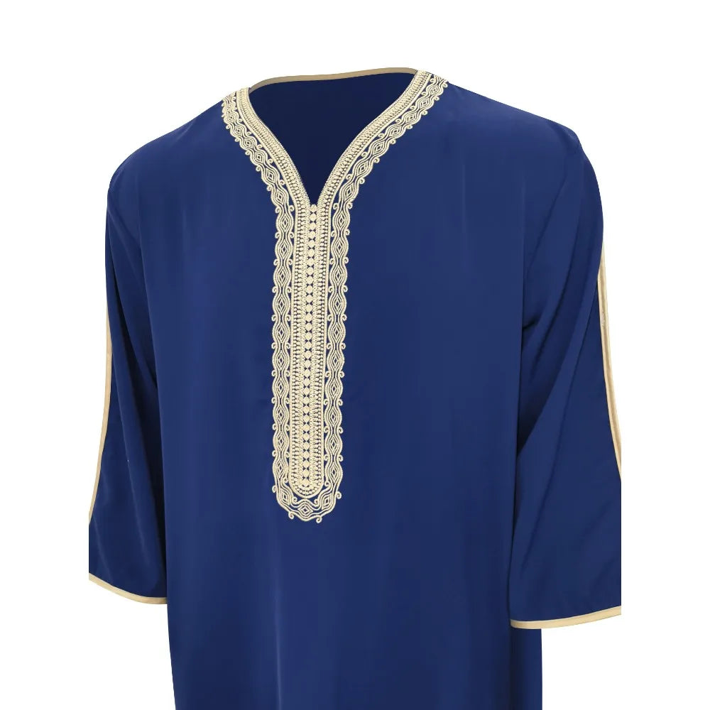 Men's Moroccan Style Thobe - 3/4 Sleeve Arabic Robe with Side Pockets, Ethnic Middle Eastern Loose Fit Muslim Wear