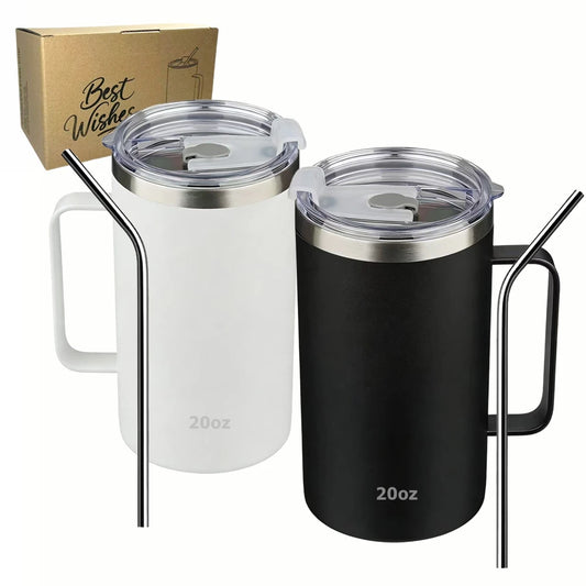 Insulated Coffee Mug with Lids 600ml Stainless Steel Tumbler with Handle Double Wall Vacuum Coffee Cups Travel Mug Black White