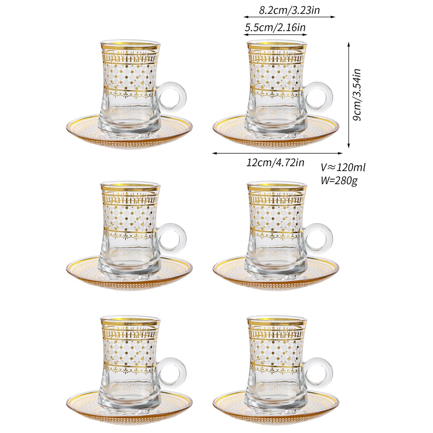 6 Pack Creative Transparent Glass Mug Hot Gold Embossed Flower Glass Coffee Latte Mug