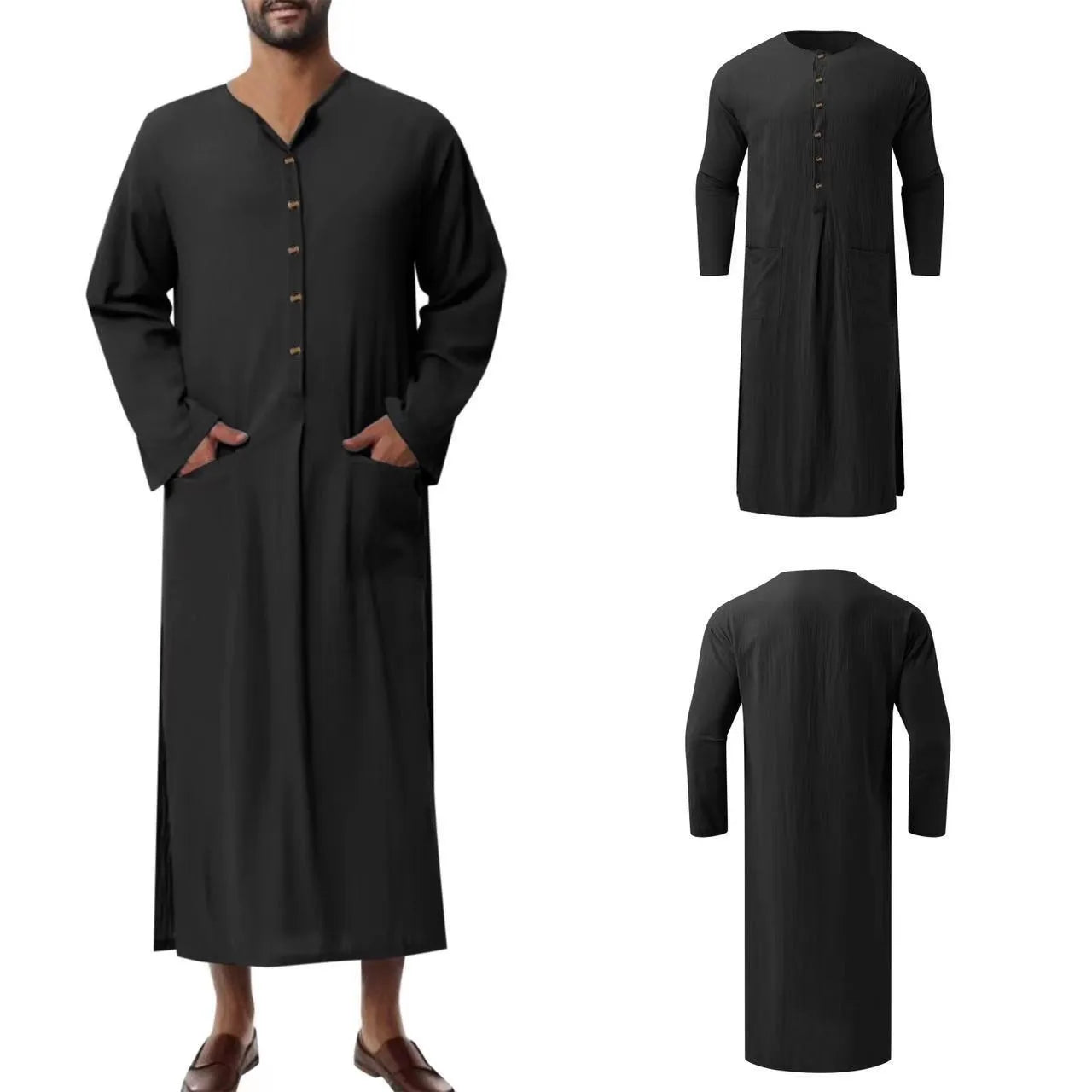 Dubai Style Loose Stand Collar Long Sleeve Thobe Traditional Islamic Casual Wear for Daily Use