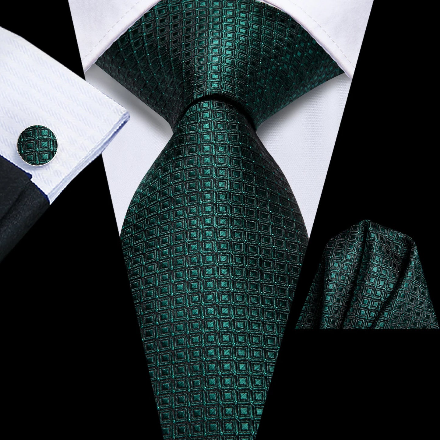 Hi-Tie Fashion 8.5cm Black Plaid Dots Men's Elegant Tie Handkerchief Cufflinks Set Wedding Party Accessories Gift for Men Gravat