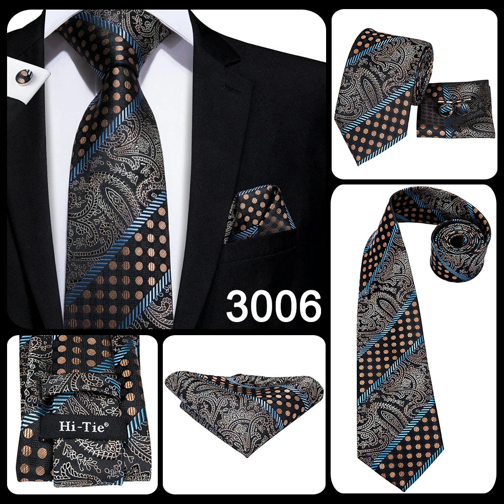 Hi-tie Design Black Solid Dot Silk Wedding Tie For Men Hanky Cufflink Gift Men Necktie Gravata Set Fashion Business Dropshipping