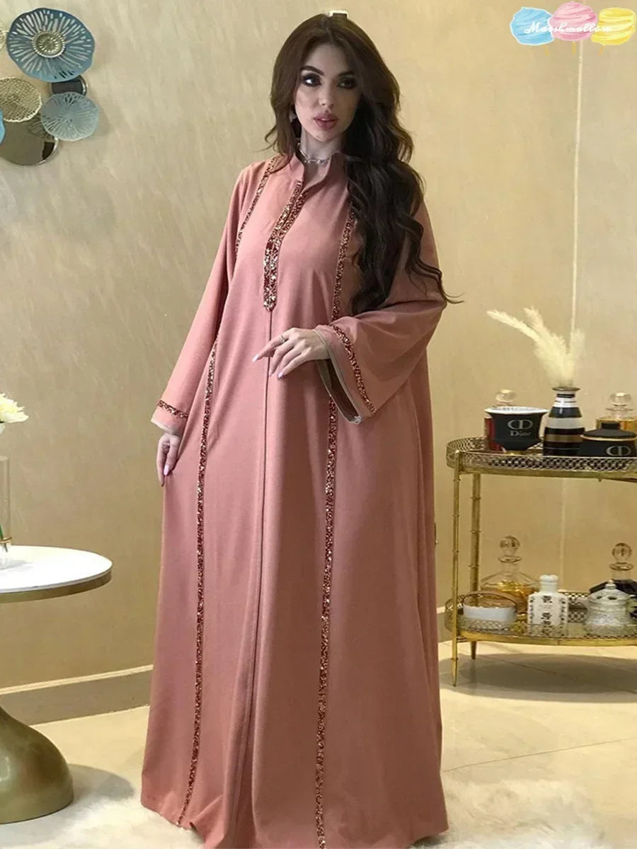 Ramadan Abaya Femme Musulmane Moroccan Kaftan for Woman Fashion Solid Diamonds Full Sleeve Loose Turkish Dubai Robe