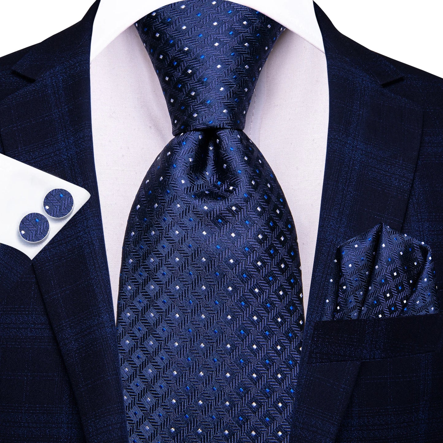 Hi-Tie Fashion 8.5cm Black Plaid Dots Men's Elegant Tie Handkerchief Cufflinks Set Wedding Party Accessories Gift for Men Gravat