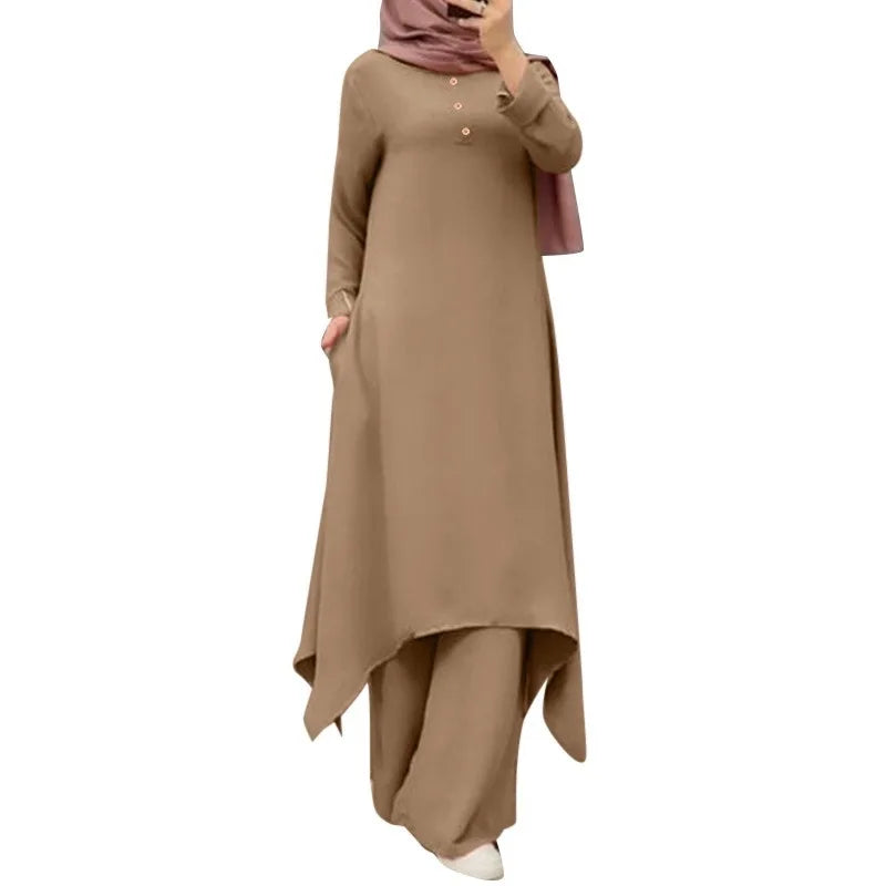 Eid Muslim Women Blouses Dress Wide Leg Pants Set 2 Piece Musulman Ensemble Dubai Casual Arab Ramadan Kaftan 2024 Outfit Suits