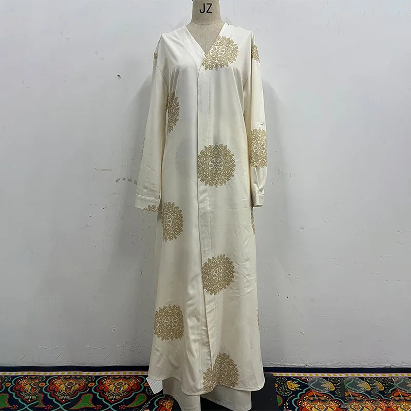 Long Coat 2 Piece Set Women Print Cardigan Wide Leg Pants Suit Ramadan Muslim Morocco Ensemble Dubai Islam Casual Arabic Outfits
