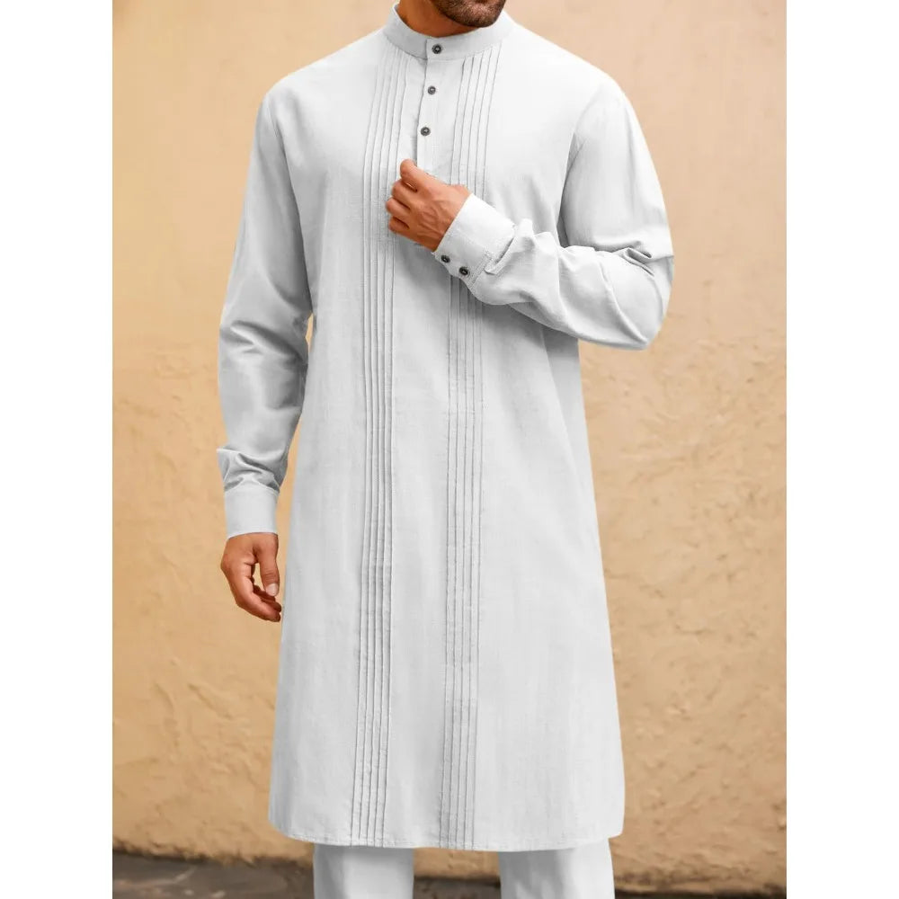 Men's Arabic Style Long Shirt - Minimalist Thobe Robe Shirt, Modern Traditional Muslim Wear for Casual & Prayer