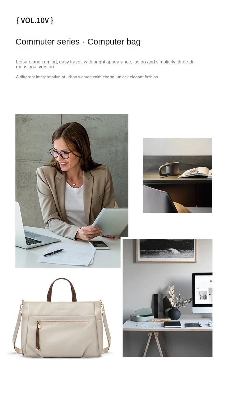 GOLF Women's Handbag Elegant Briefcase Tote Woman Business Leather Handle Nylon Lightweight 15 inch Shoulder Bag Multi Pockets