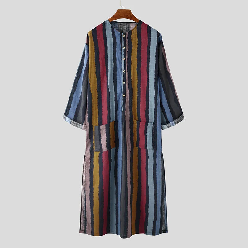 Arab Men's Robe Shirt Long Sleeved Striped Printed T-shirt Muslim Cotton Robe Suitable for Daily Wear and Cultural Activities