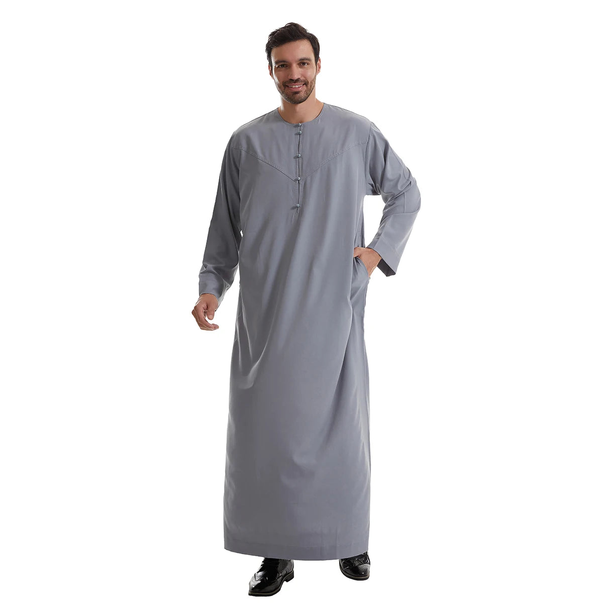 TH839 Men's Muslim Middle Eastern Men Long Sleeves Pure Color Buckle Robe Ramadan Eid Jubba Thobe
