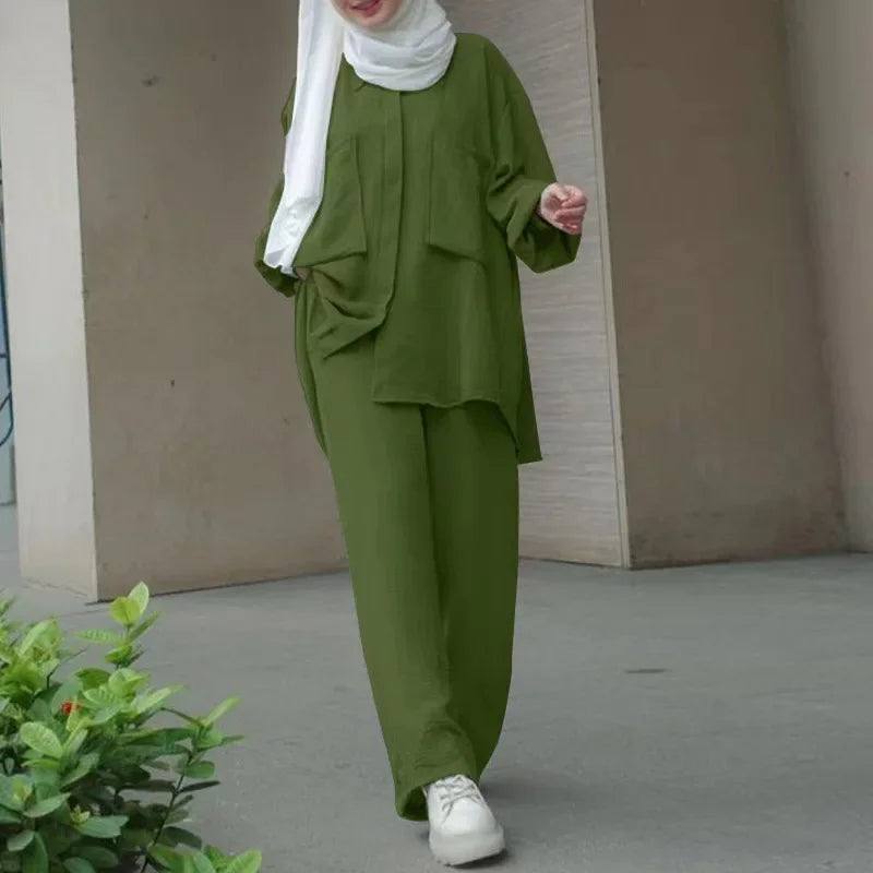 Women Casual Muslim Suit Solid Abaya Eid Ramadan Long Sleeve Blouse+Pants 2 Piece Set Dubai Turkey Kaftan Women Islamic Clothing