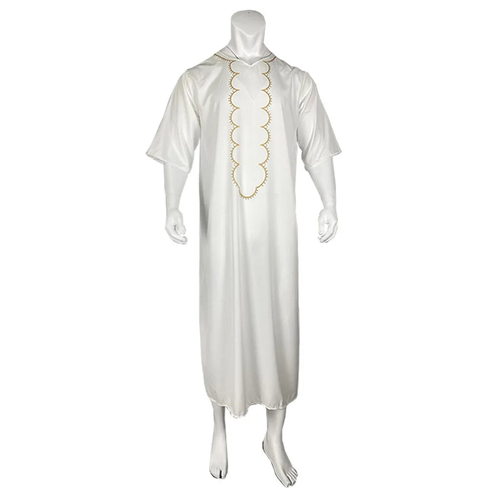 Men's Arabian Thobe - Summer V-Neck Short Sleeve Robe, Loose Fit Muslim Islamic Clothing for Casual Wear