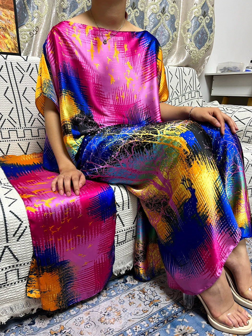 Abayas For Women 2023 Printed Silk Soft Loose Femme Robe Muslim Summer Fashion Clothing African Islam Woman Dresses With Turban
