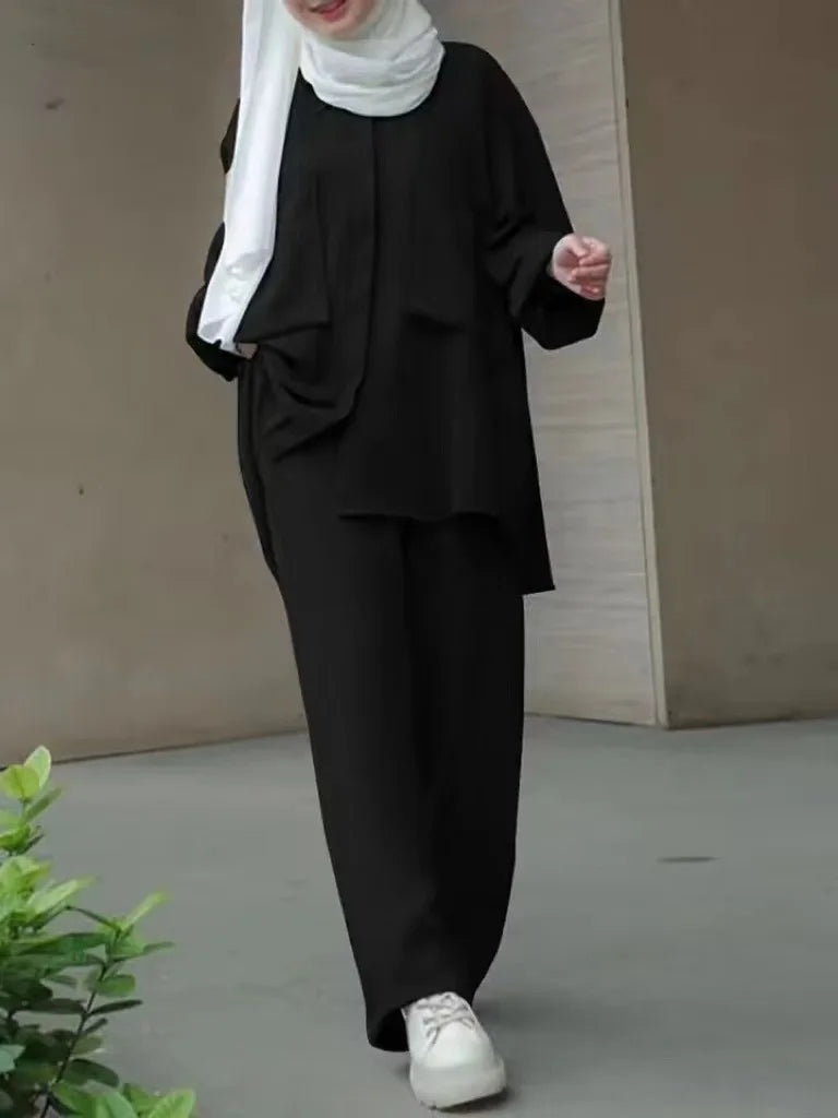 Women Casual Muslim Suit Solid Abaya Eid Ramadan Long Sleeve Blouse+Pants 2 Piece Set Dubai Turkey Kaftan Women Islamic Clothing