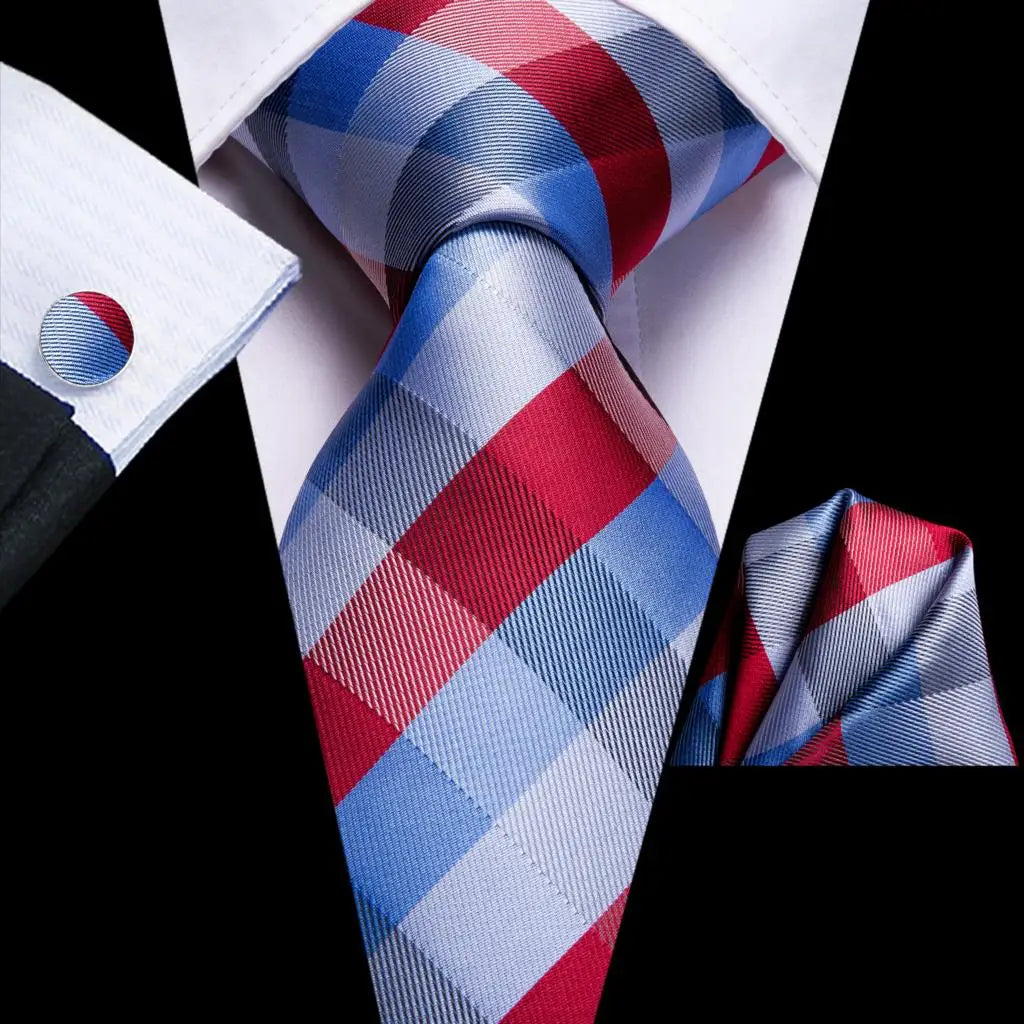 Hi-Tie Plaid Silk Tie For Men Elegant Mens Blue Grey Necktie Pocket Square Cufflink Groom Wedding Accessory Wholesale Designer