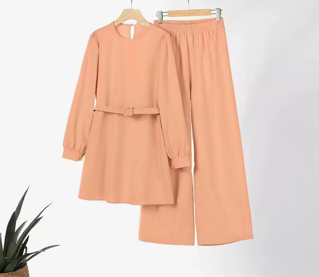 Arab Women Eid Muslim Two Pieces Set Lace-up Blouse & Pant Musulman Ensemble Belt Matching Sets Button Shirt Femme Abaya Ramadan