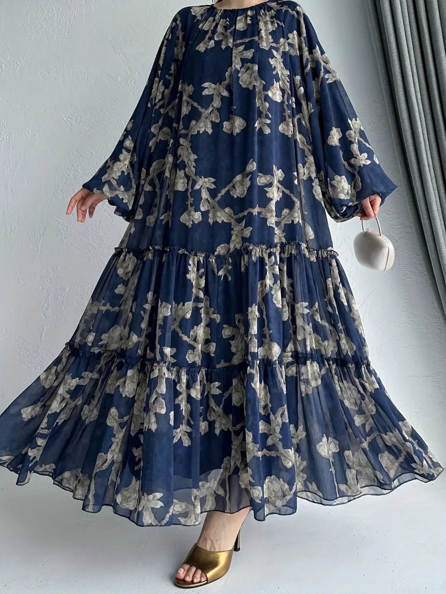 Eid Chiffon Women Dress Abaya Flower Print Muslim Vestidos Largo Dubai Kaftan Arab Long Robe Ramadan Morocco Dresses Jalabiya
