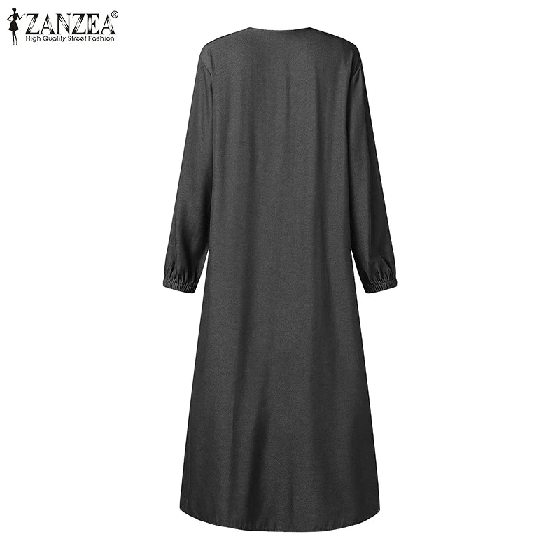 ZANZEA Ramadan Hijab Dresses Muslim Abaya Robe Femme Casual Long Sleeve Kaftan IsIamic Vestidos Women Denim Blue Maxi Dress 2025