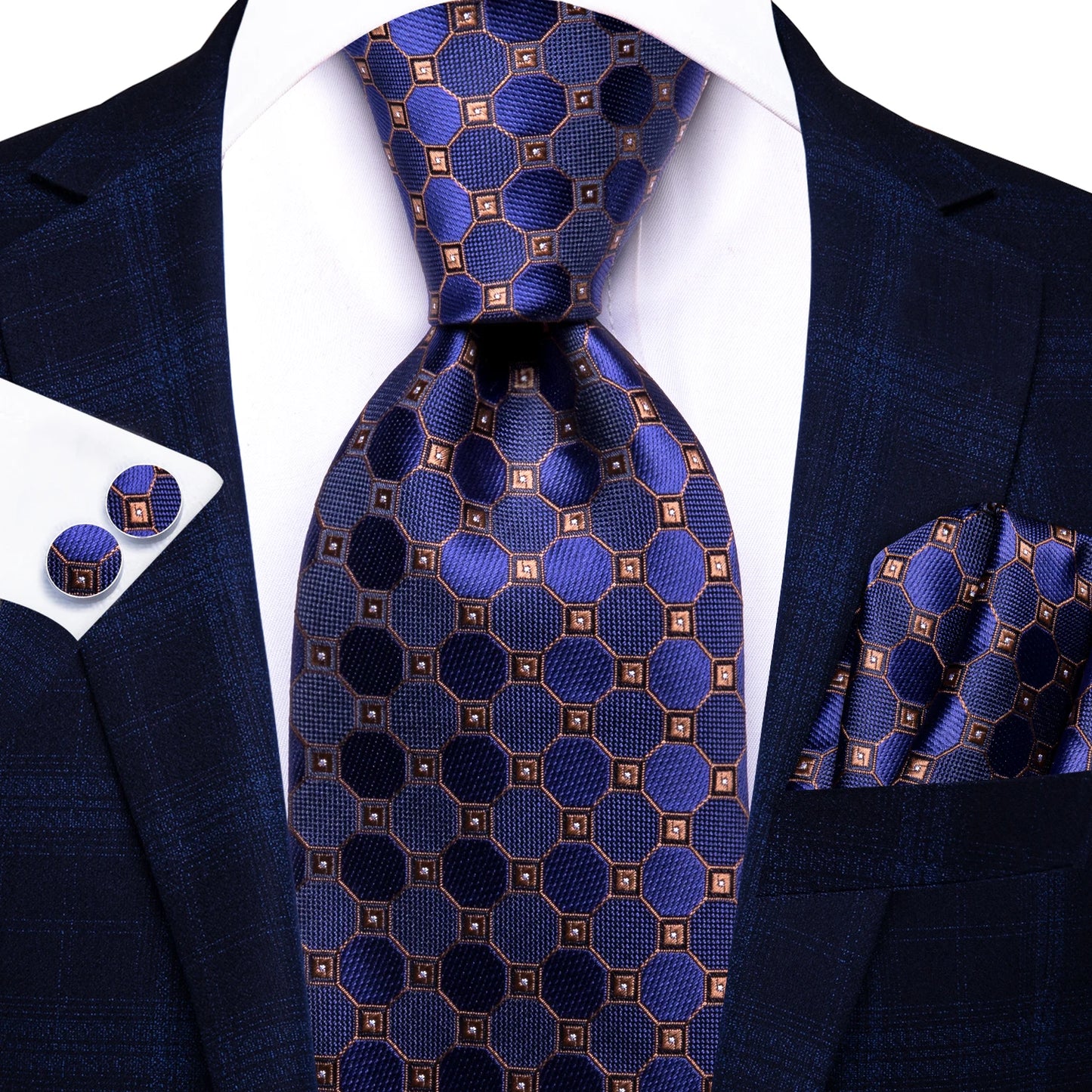 Hi-Tie Fashion 8.5cm Black Plaid Dots Men's Elegant Tie Handkerchief Cufflinks Set Wedding Party Accessories Gift for Men Gravat