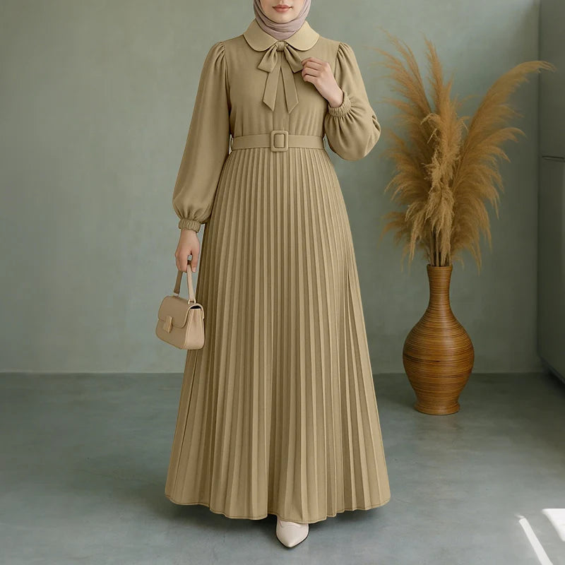 Elegant Muslim Dress Abaya ZANZEA Women 2025 Autumn Dresses Long Lantern Sleeve Pleated Sundress Belted Robe Femme Party Vestido