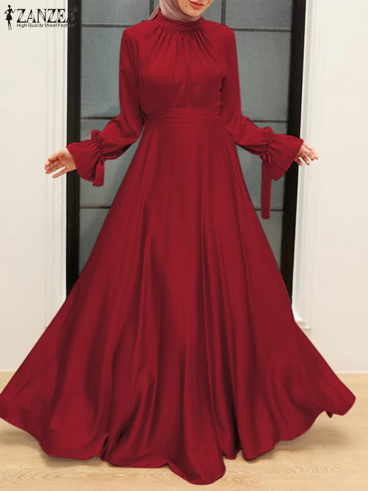Elegant Muslim Dress Abaya Women Long Dress 2025 ZANZEA Long Sleeve Satin Party Sundress Robe Femme Turkey Hijab Vestidos Kaftan