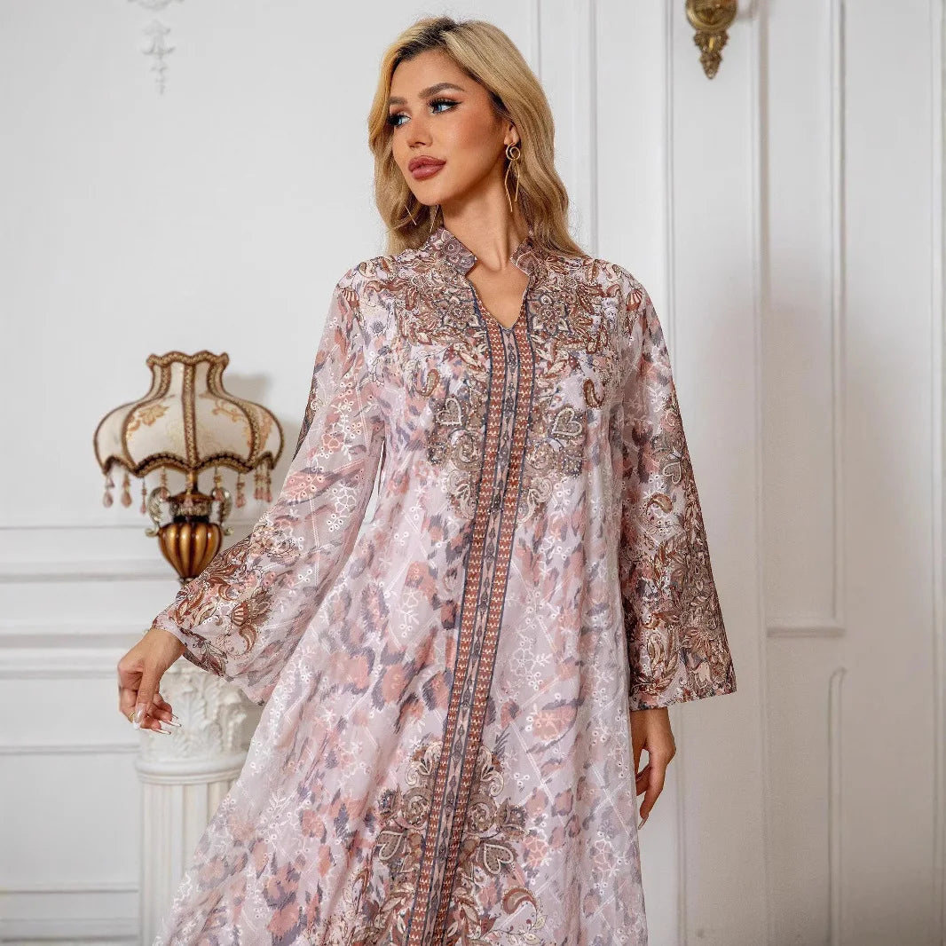 Embroidered Rhinestone Abaya Long Sleeve Modest Maxi Abaya Middle East Muslim Traditional Abaya Floral Glam Ramadan Kaftan