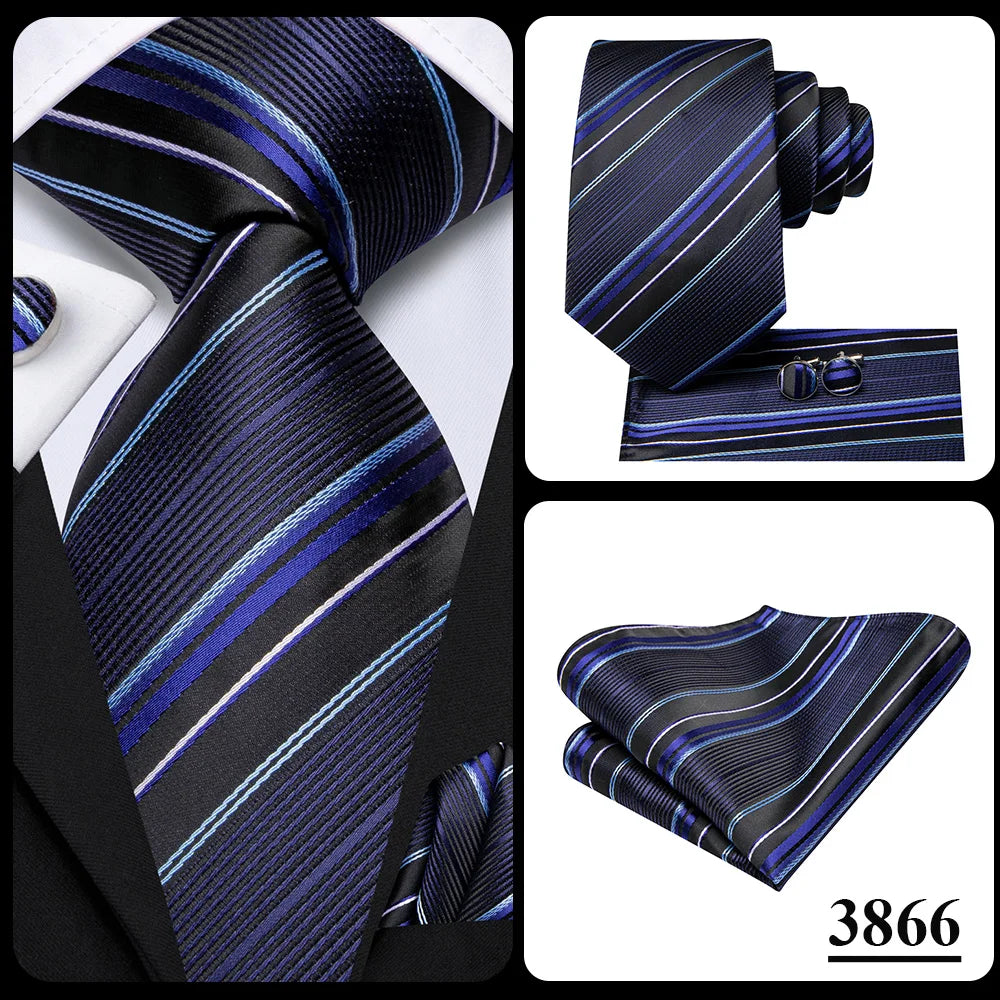 Hi-Tie Men Fashion Striped Navy Blue Necktie Handkerchief Cufflinks for Tuxedo Accessory Classic Silk Luxury Tie for Man Gift