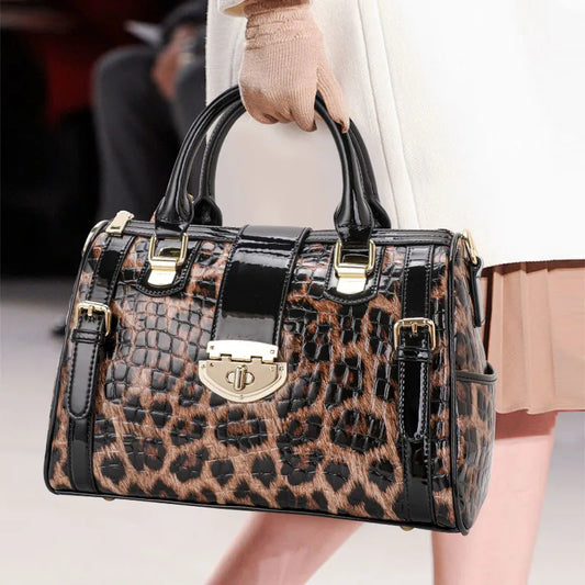 he Aidrani women's handbag, expertly made from hi - quality materials, is a luxurious leopard print Boston bag with its fashiona
