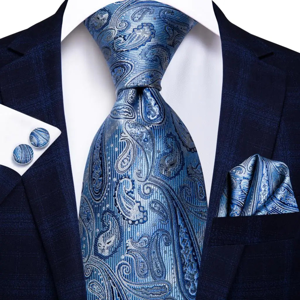 Hi-Tie Designer Black Blue Paisley 63inch Silk Men Tie 160cm Extra Long Ties for Men Woven Classic Men Necktie Pocket Square Set