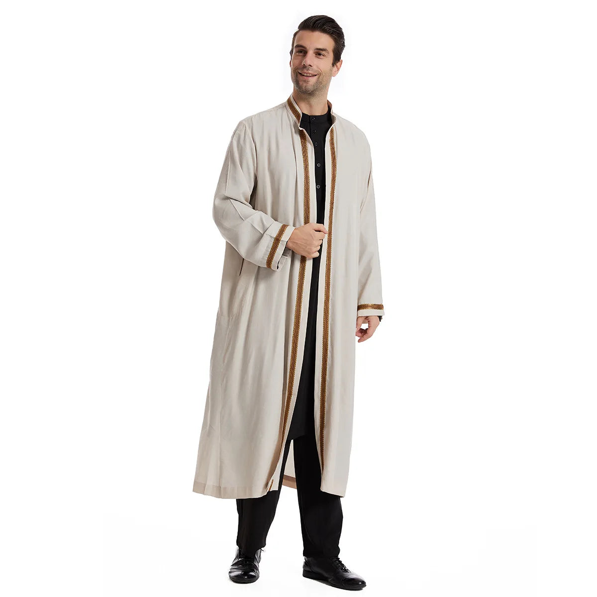 Elegant Bisht for Men Arabic Thobe Outer Robe Fashion Embroidery Islamic Jubba Kaftan Formal Ceremony Wear