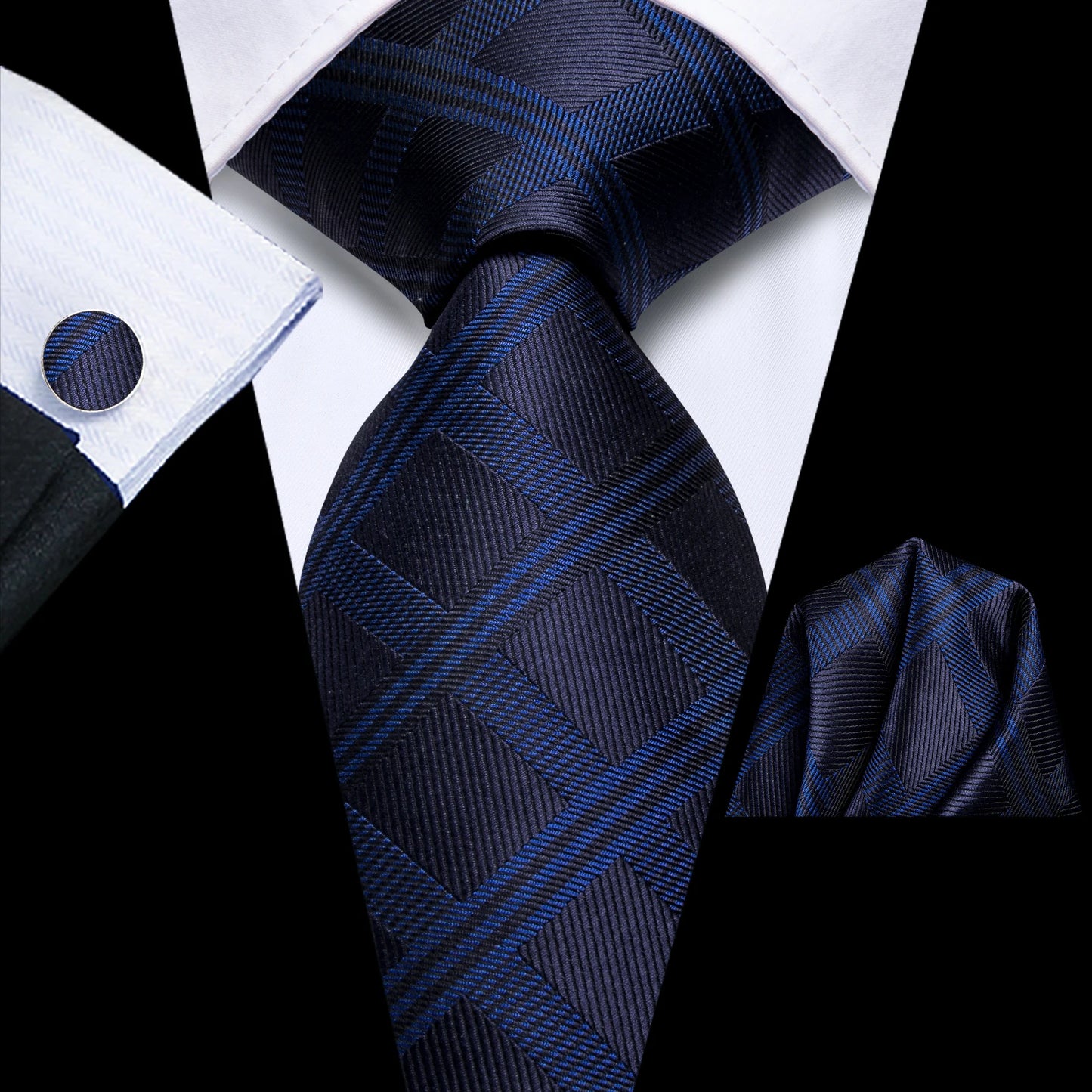 Hi-Tie Fashion 8.5cm Black Plaid Dots Men's Elegant Tie Handkerchief Cufflinks Set Wedding Party Accessories Gift for Men Gravat