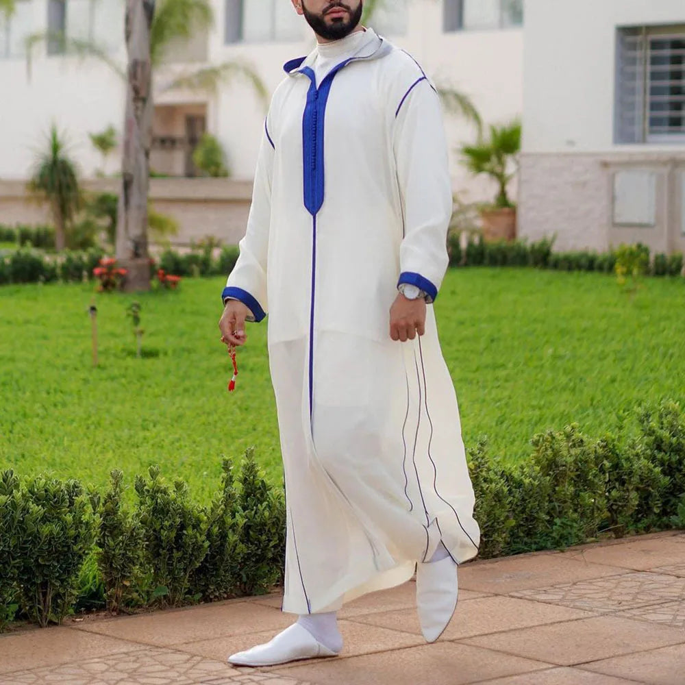 New Muslim Jubba Thobe Clothes Men Hoodie Ramadan Spring Autumn Abaya Dubai Turkey Islamic Clothing Male Casual Loose Red Stripe