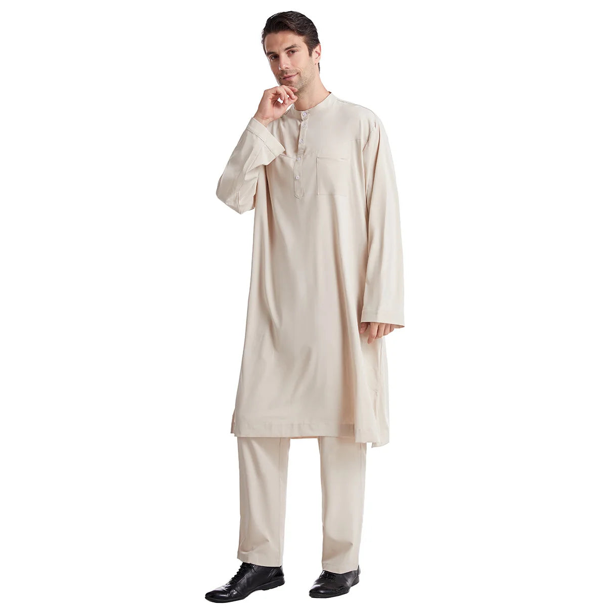 Muslim Men Jubba Thobe 2 Pice Set Top with Pant Mens Abaya Long Islamic Eid 2026 Ramadan Long Robe Saudi Wear Caftan Dubai Arab