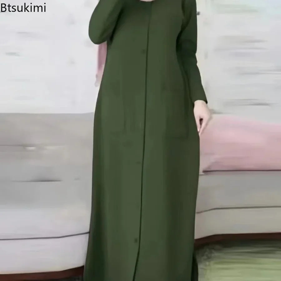 Fashion Women Muslim Solid Abaya Ramadan Turkey Dress Spring Long Sleeve Casual Shirt Dress Hijab Arab Robe Islam Clothing Femme