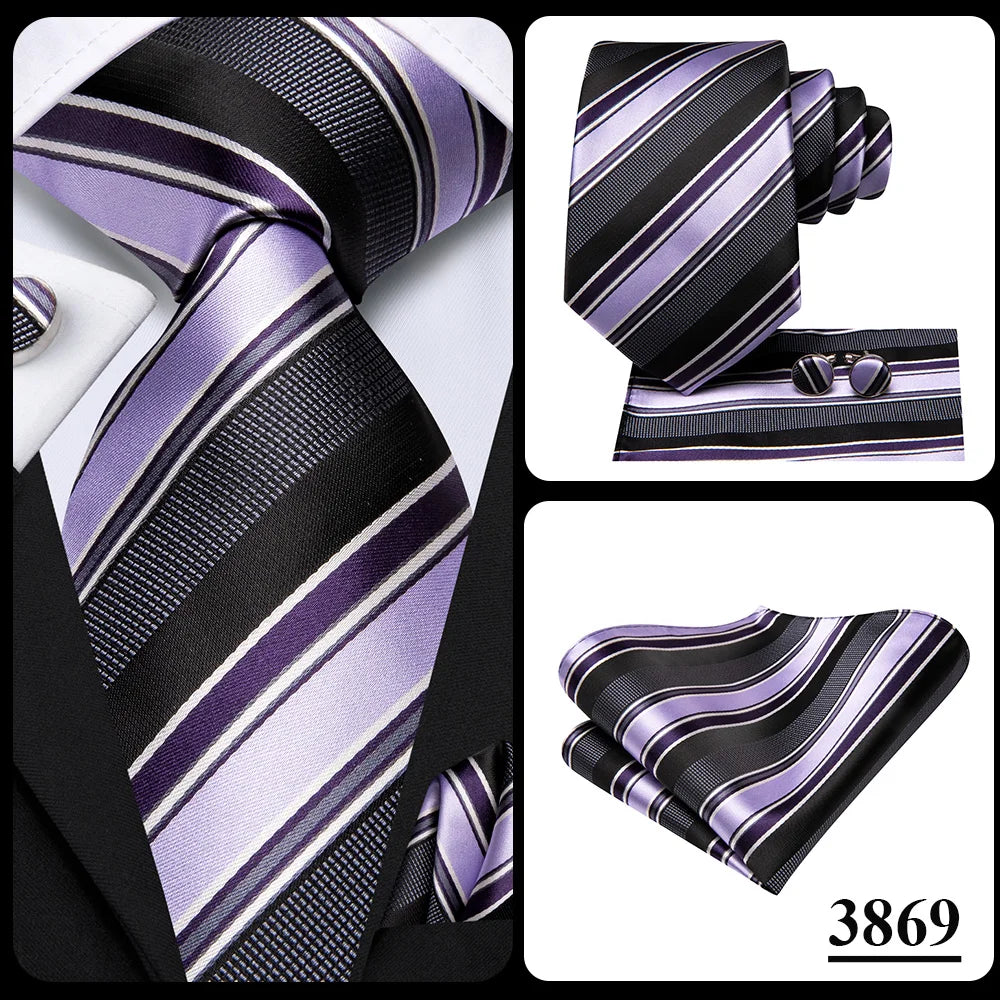 Hi-Tie Men Fashion Striped Navy Blue Necktie Handkerchief Cufflinks for Tuxedo Accessory Classic Silk Luxury Tie for Man Gift
