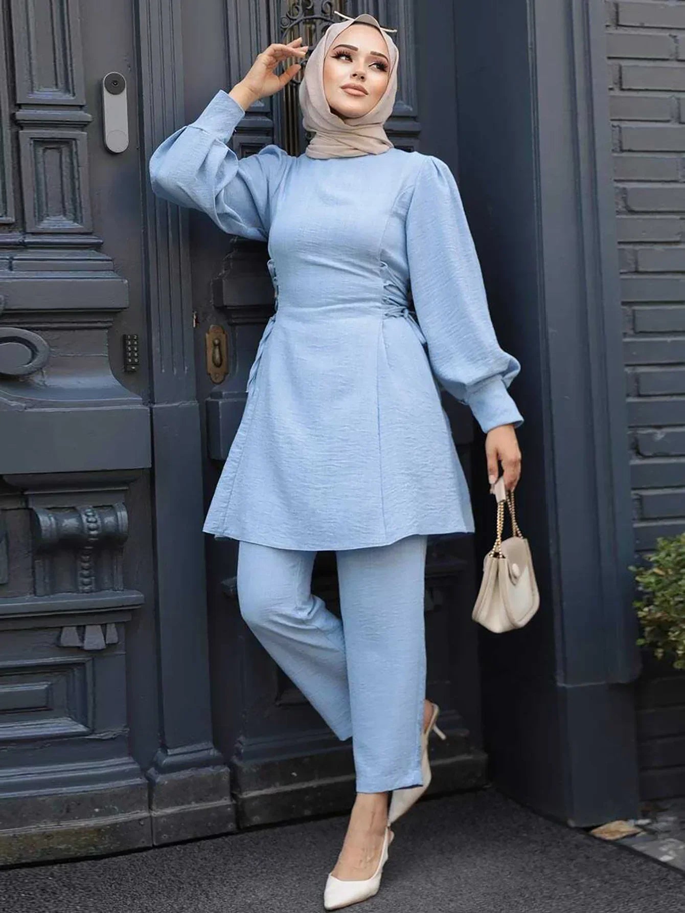 Muslim Women 2 Piece Set Women Lace Up Long Top Shirt Straight Pants Suit Ramadan Morocco Dubai  Ensemble Trousers Arabic Outfit