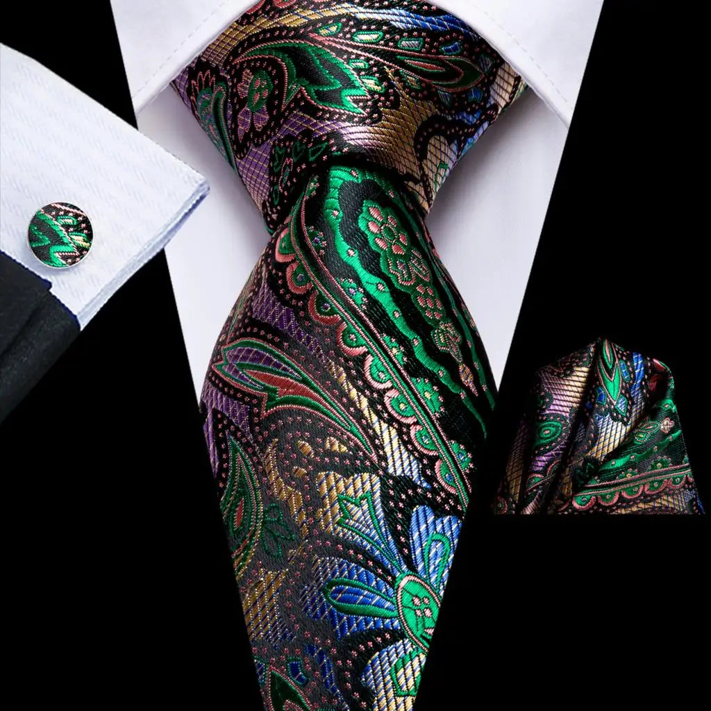Hi-Tie Designer Black Blue Paisley 63inch Silk Men Tie 160cm Extra Long Ties for Men Woven Classic Men Necktie Pocket Square Set