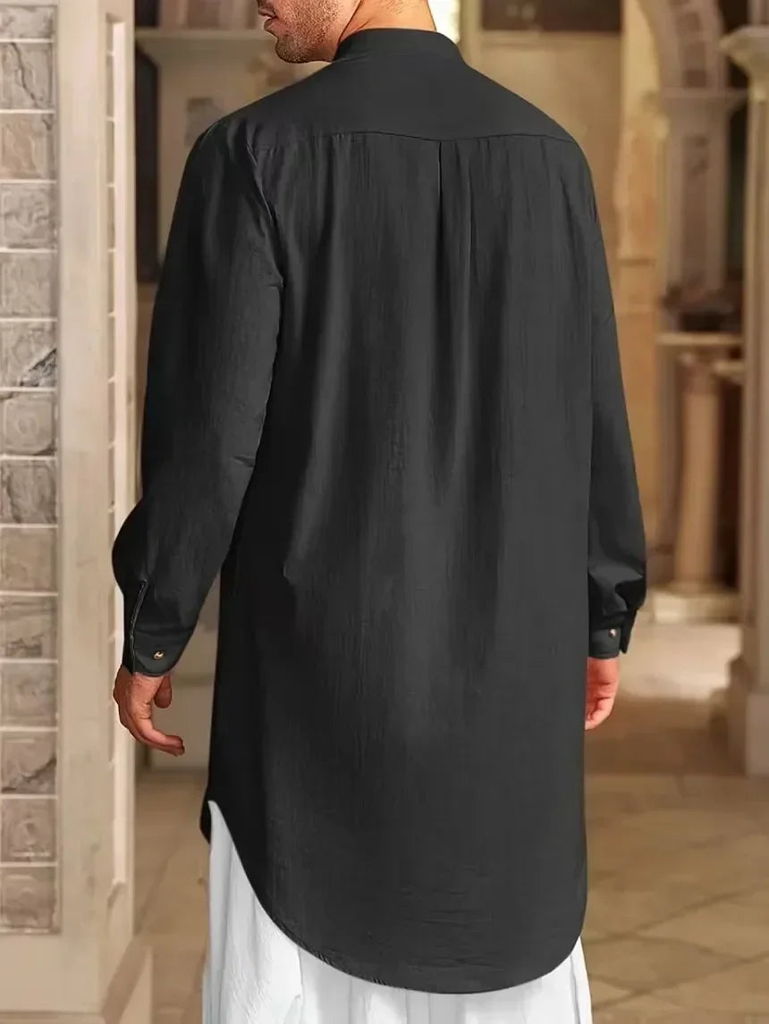 2025 New Muslim Middle East Arab Malaysia Men's Button Cotton Line Shirt Muslim Robe