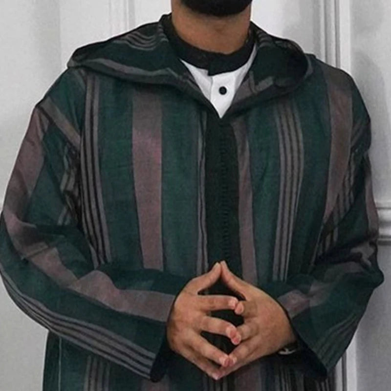 2026 Muslim Men Jubba Thobe Long Sleeve Striped Hooded Breathable Robes Men Thobe Robe Loose Dubai Saudi Arab Kaftan Men Clothes
