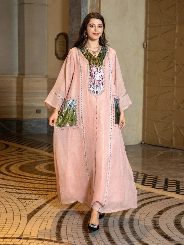 Eid Muslim Party Dress for Women Abaya Sequins Maxi Evening Long Dresses Jalabiya Morocco Dubai Abayas Kaftan Vestidos Long Robe