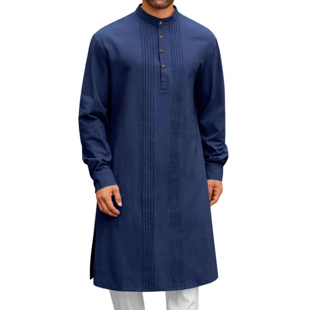 Men's Arabic Style Long Shirt - Minimalist Thobe Robe Shirt, Modern Traditional Muslim Wear for Casual & Prayer