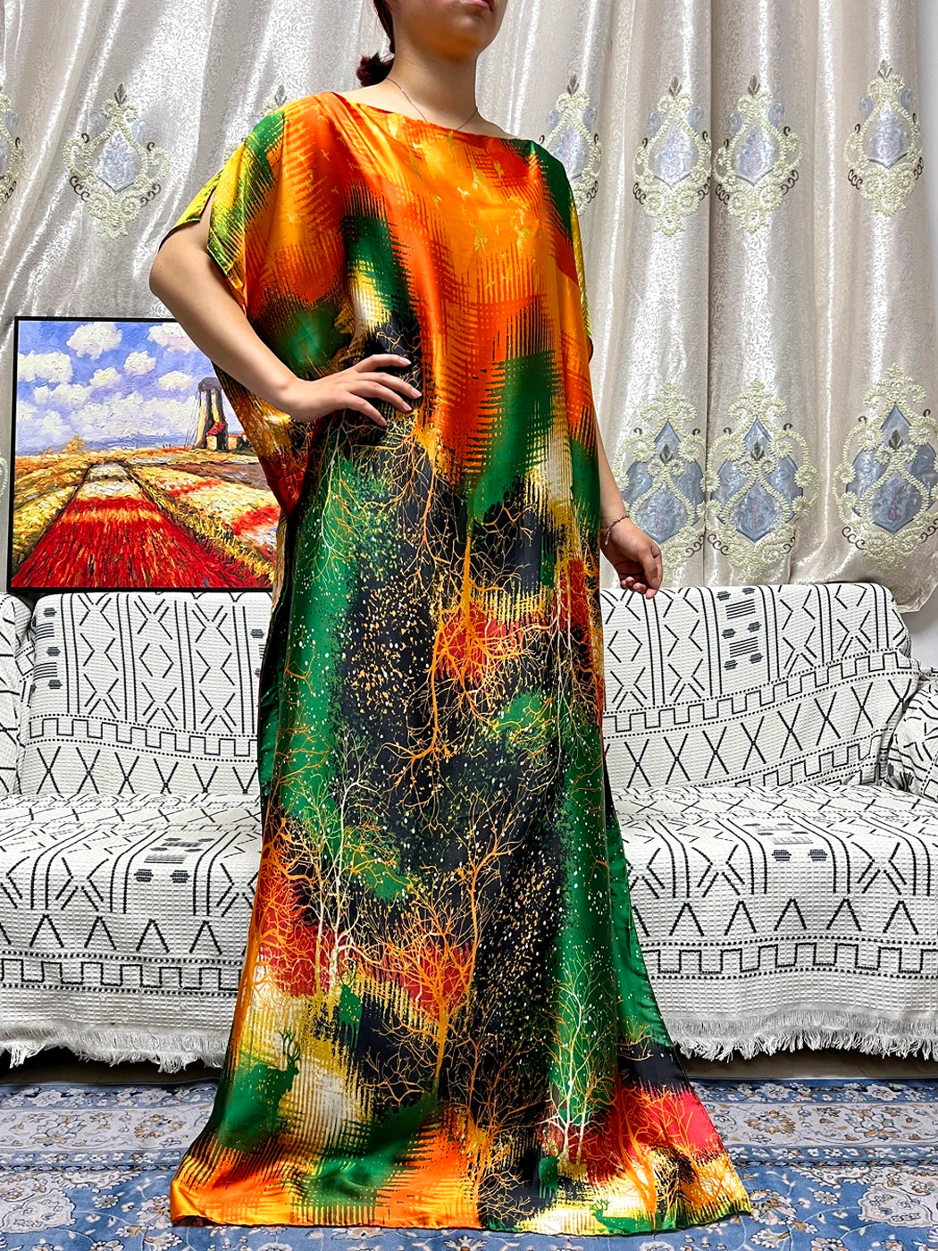 Abayas For Women 2023 Printed Silk Soft Loose Femme Robe Muslim Summer Fashion Clothing African Islam Woman Dresses With Turban
