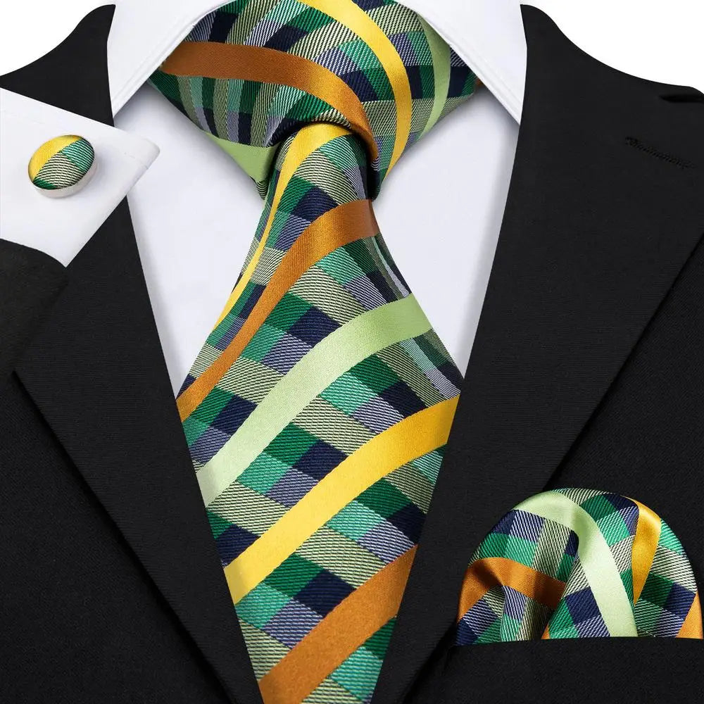 Hi-Tie Plaid Silk Tie For Men Elegant Mens Blue Grey Necktie Pocket Square Cufflink Groom Wedding Accessory Wholesale Designer