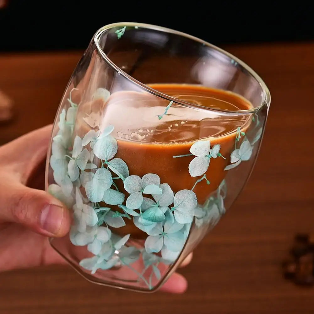 Dried Flower Double Wall Clear Glass Coffee Mugs Dried Flower Decorated Coffee Cup Milk Mug Heat Insulation Coffee Cup 350ml