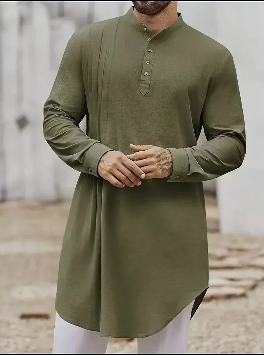2025 New Muslim Middle East Arab Malaysia Men's Button Cotton Line Shirt Muslim Robe