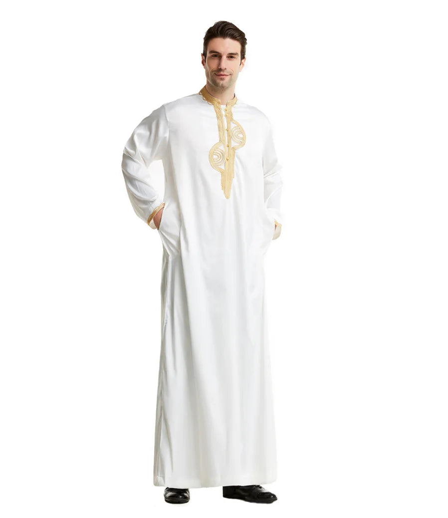 1pcs/lot man fashion embroidery muslim long robe man stand collar long sleeve jubba thobe