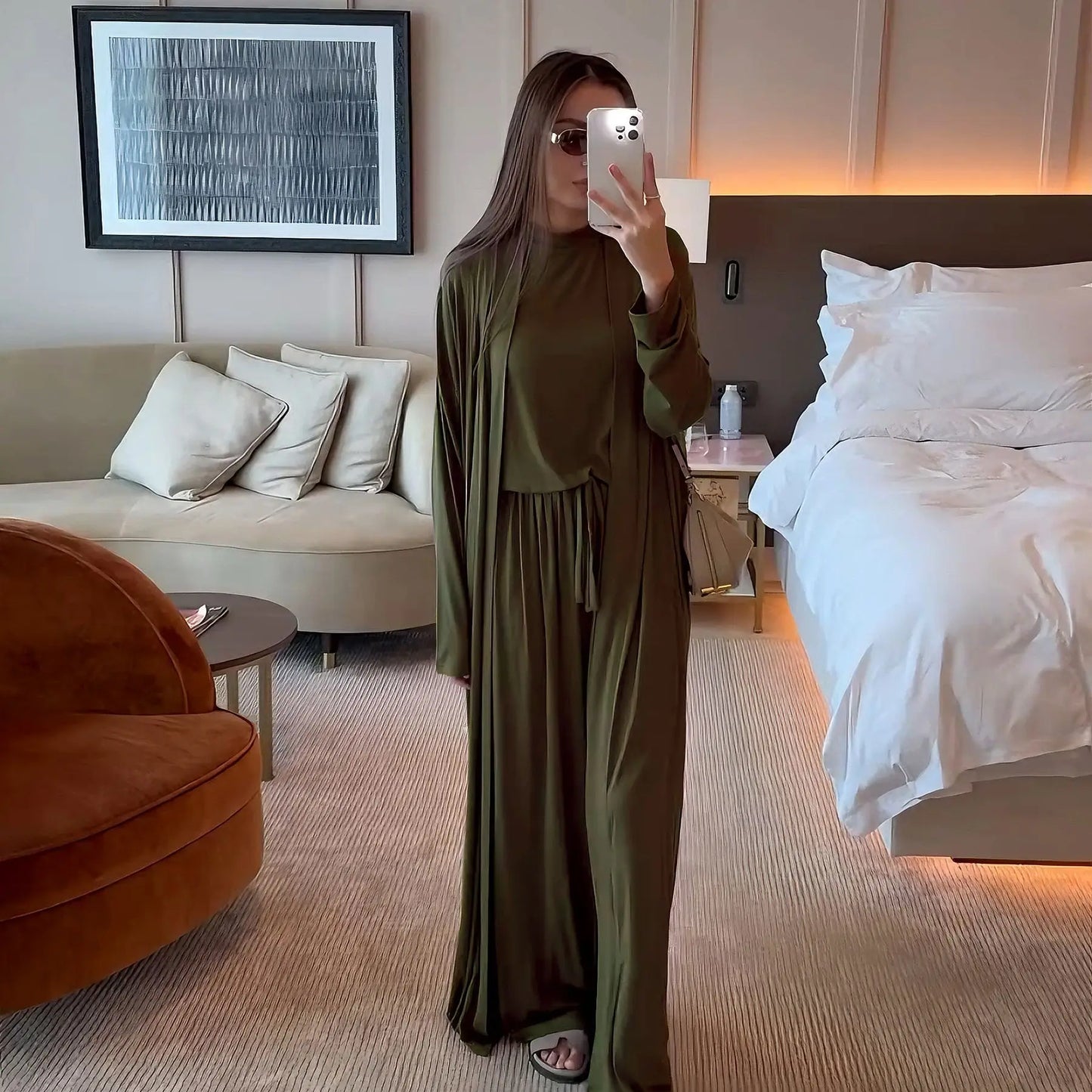 Muslim 3 Piece Set Women Cardigan Shirt Wide Leg Pant Blouse Top Suit Musulman Ensemble Dubai Casual Femme Outfits Solid Casual