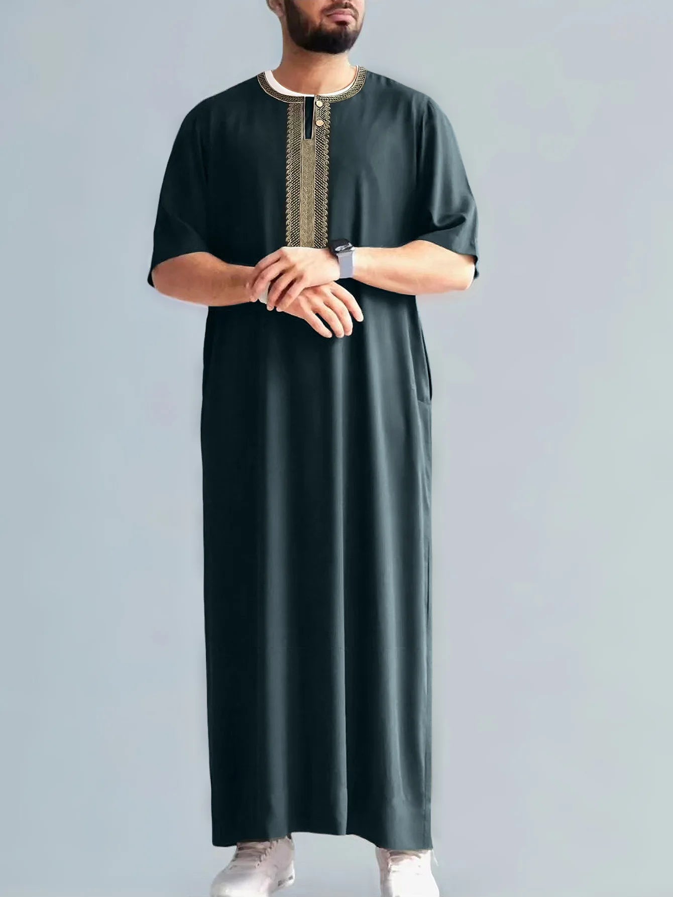 2026 New Men's Muslim Thobe Mid Long Sleeve Arab Ethnic Retro Vintage Loose Fit Islamic Robe Abaya Dubai Saudi Ramadan Eid
